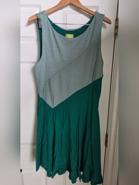 Maeve Dark Green and White Striped Sleeveless Asymmetrical Midi Dress